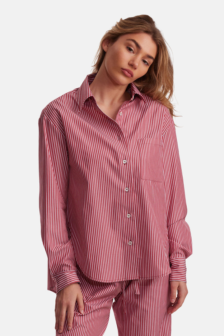 Lily Poplin Boyfriend Shirt Red/White Stripe