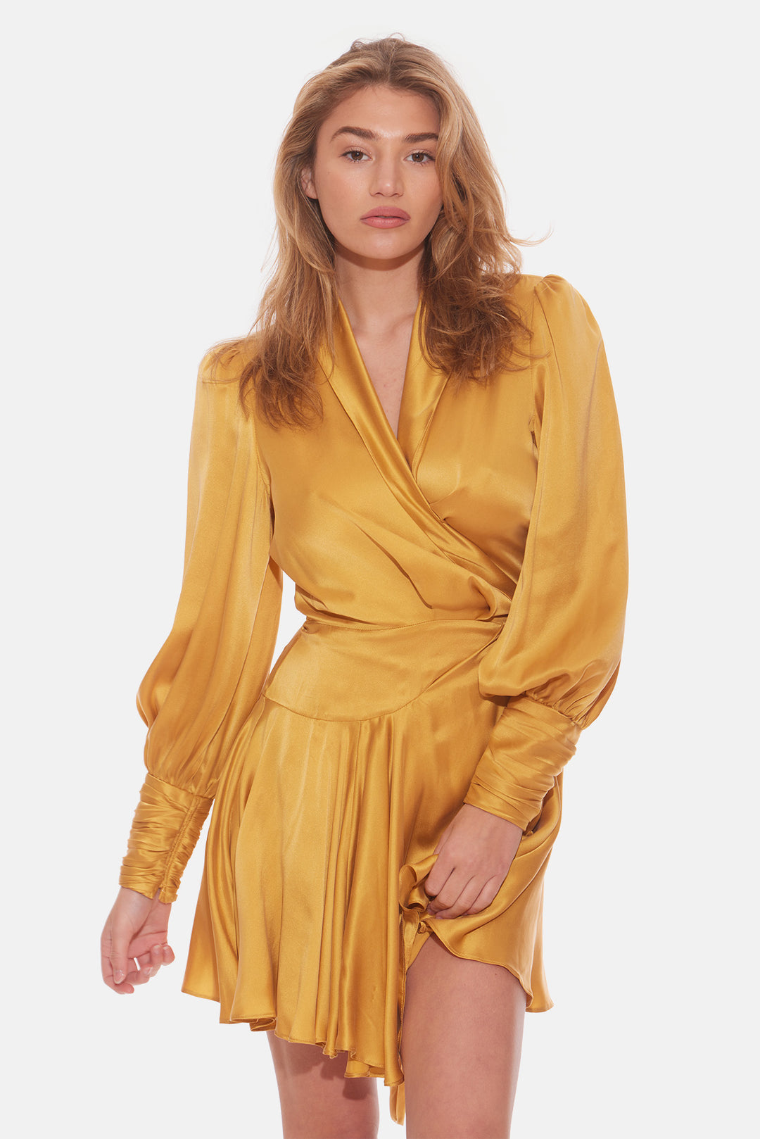 Silk Wrap Mini Dress Gold blueandcream Silk Wrap Mini Dress Gold blueandcream