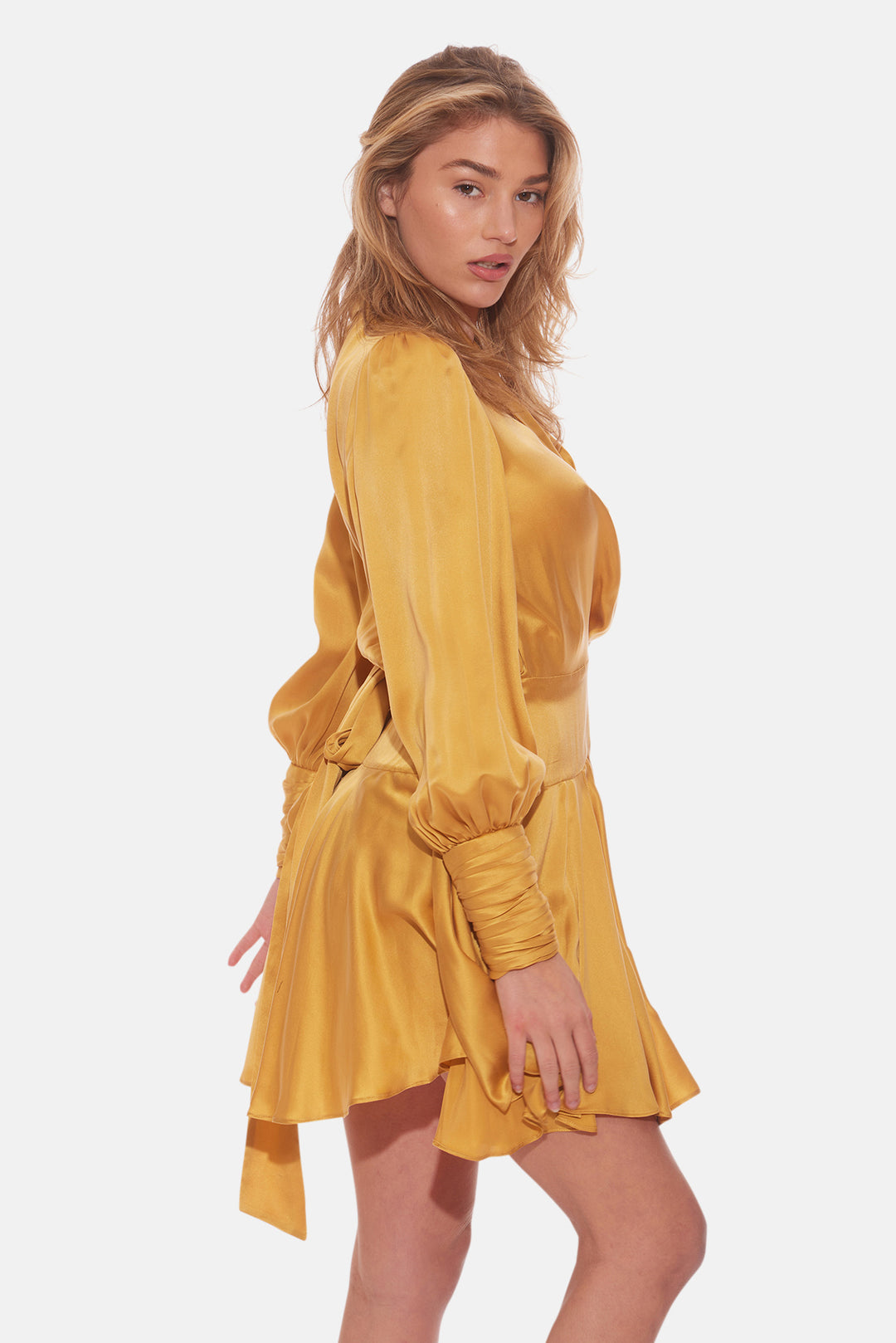 Silk Wrap Mini Dress Gold