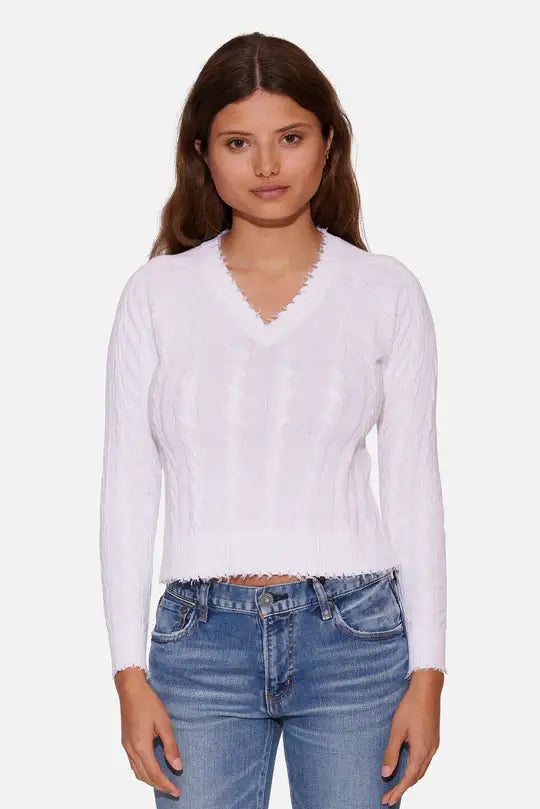 Amber Cable V Neck Sweater White