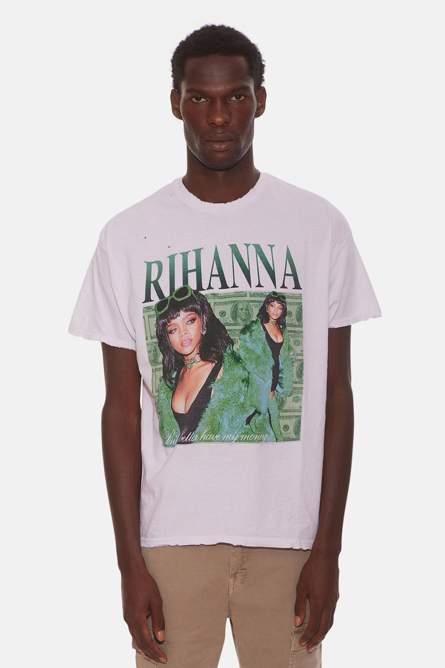 Distressed Rihanna Money Tee White