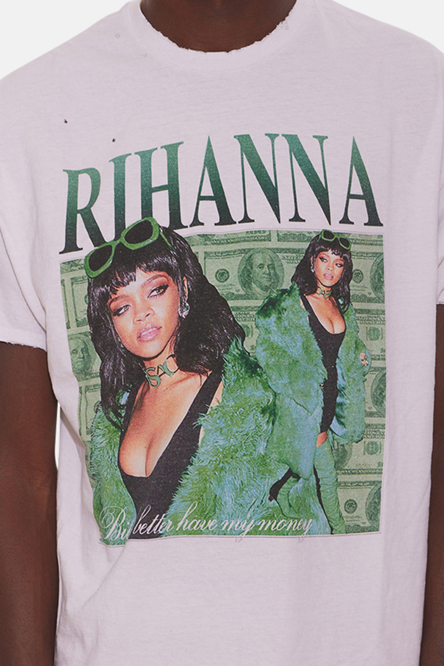 Distressed Rihanna Money Tee White