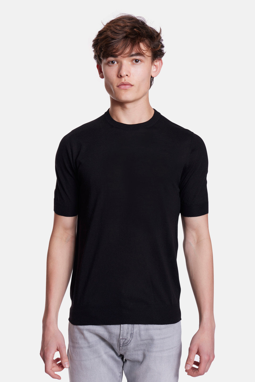140's Silk Cashmere Short Sleeve Crew Black