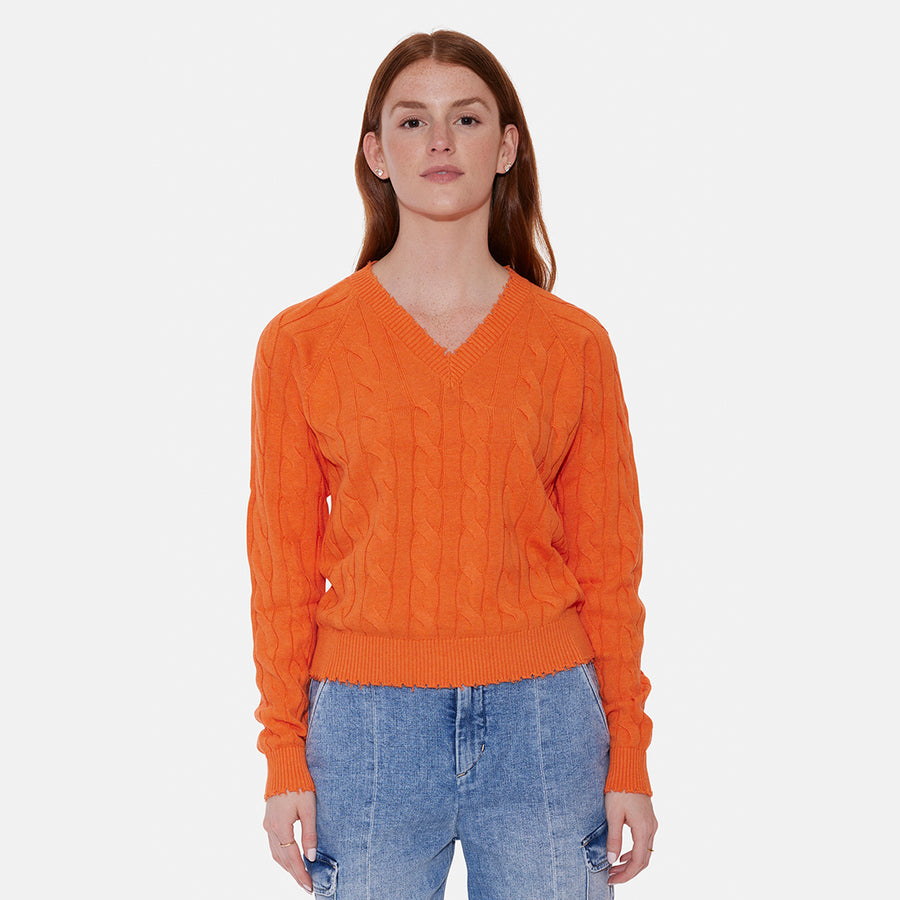 Amber Cable V Neck Sweater Bright Orange