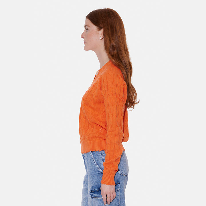 Amber Cable V Neck Sweater Bright Orange