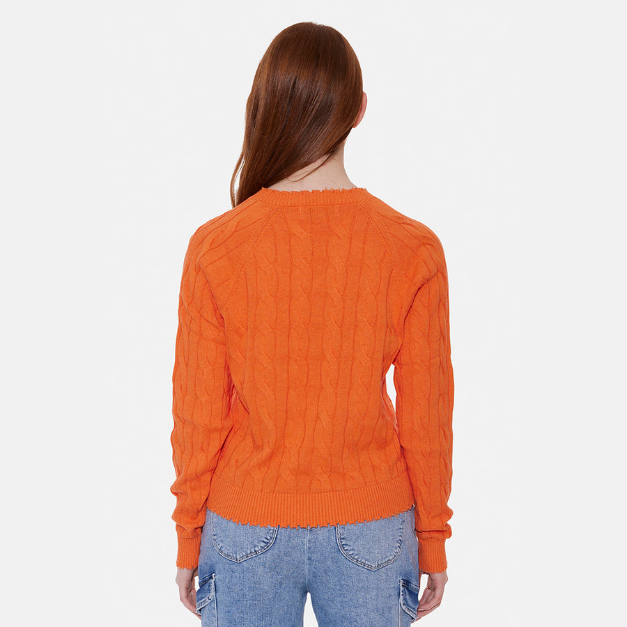 Amber Cable V Neck Sweater Bright Orange