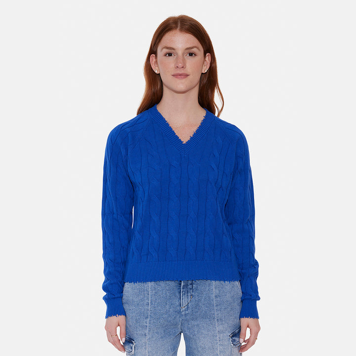 Amber Cable V Neck Sweater Bright Blue