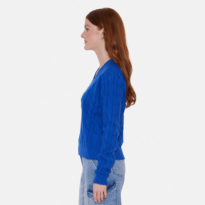 Amber Cable V Neck Sweater Bright Blue