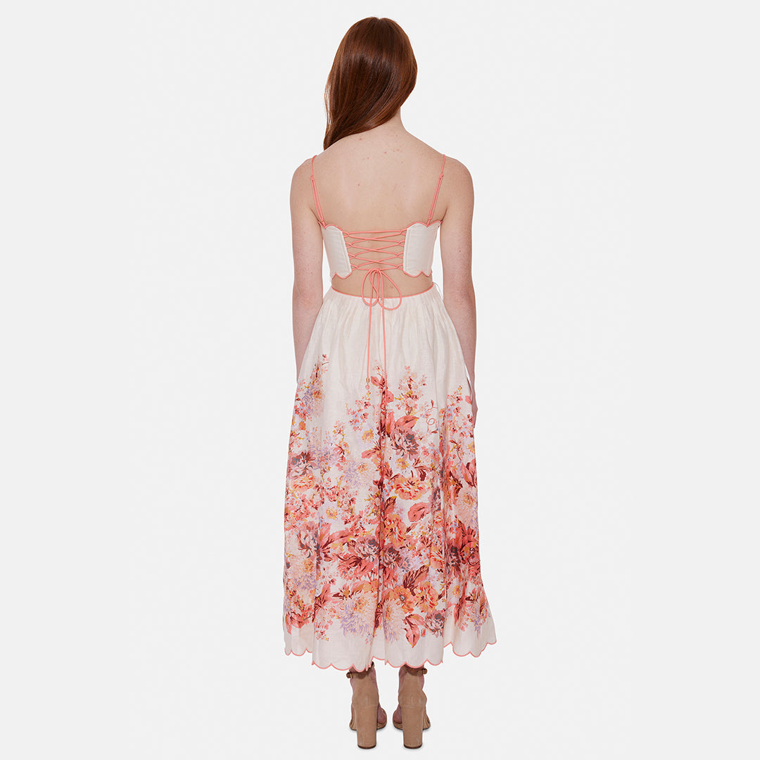 devi scallop midi dress jackieo_official radiates effortless elegance in the Zimmermann Devi Scallop Midi Dress. A timeless blend of sophistication and vacation chic, Zimmermann's designs capture the essence of modern luxury. #zimmermann #dresshire #dresshireau #luxuryfashion