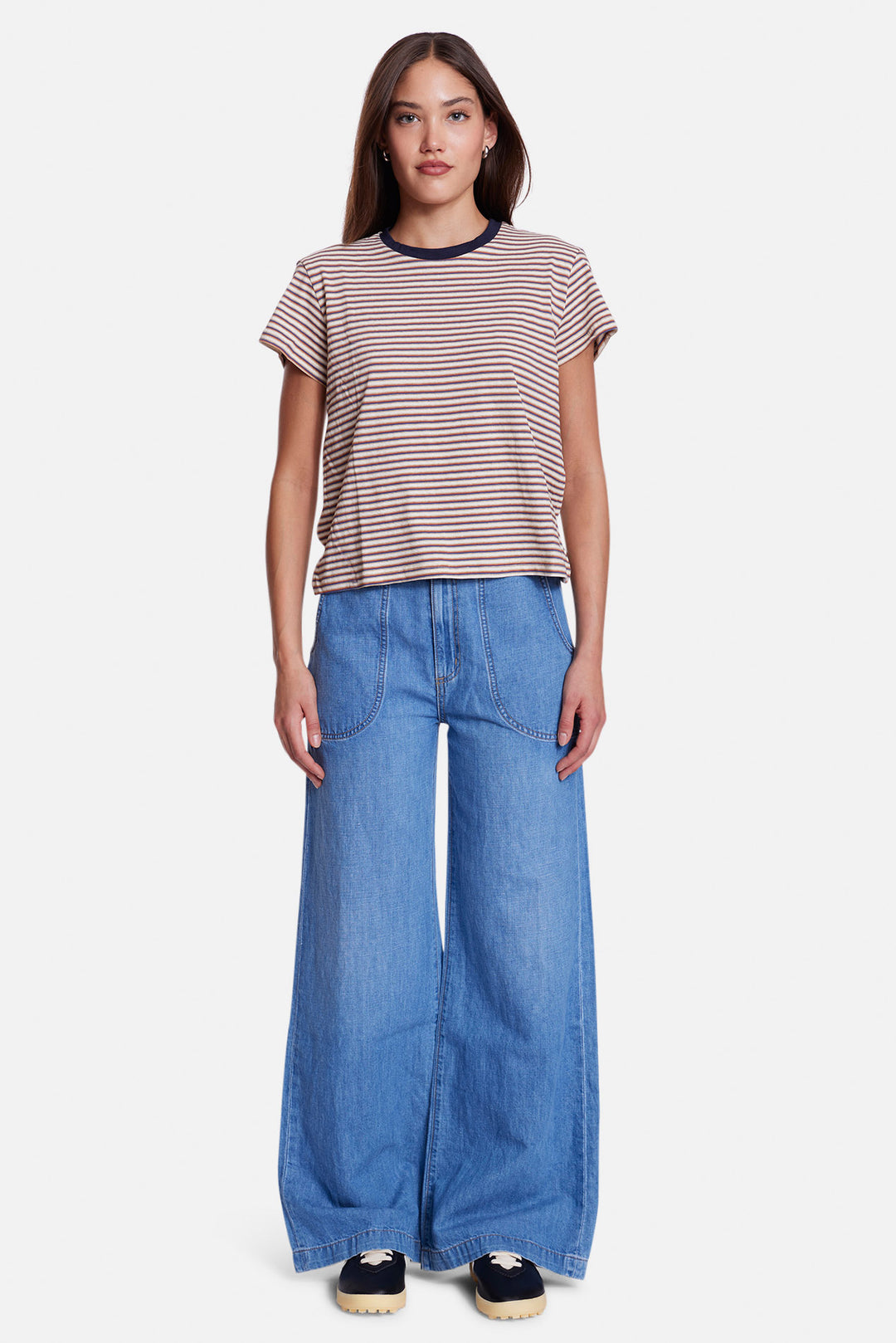 Bebe Ringer Tee Striped Navy/Brown Multi w/ Navy Ringer
