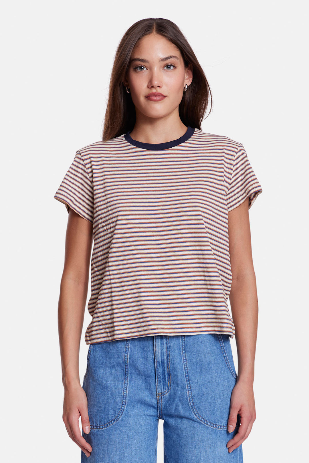 Bebe Ringer Tee Striped Navy/Brown Multi w/ Navy Ringer