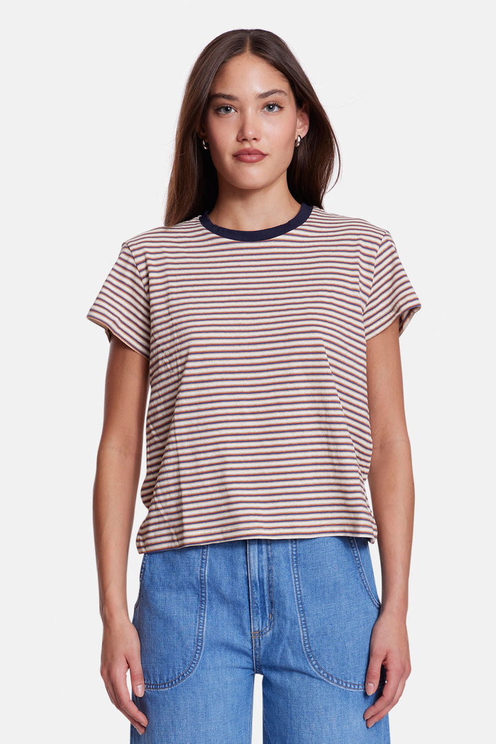 Bebe Ringer Tee Striped Navy/Brown Multi w/ Navy Ringer