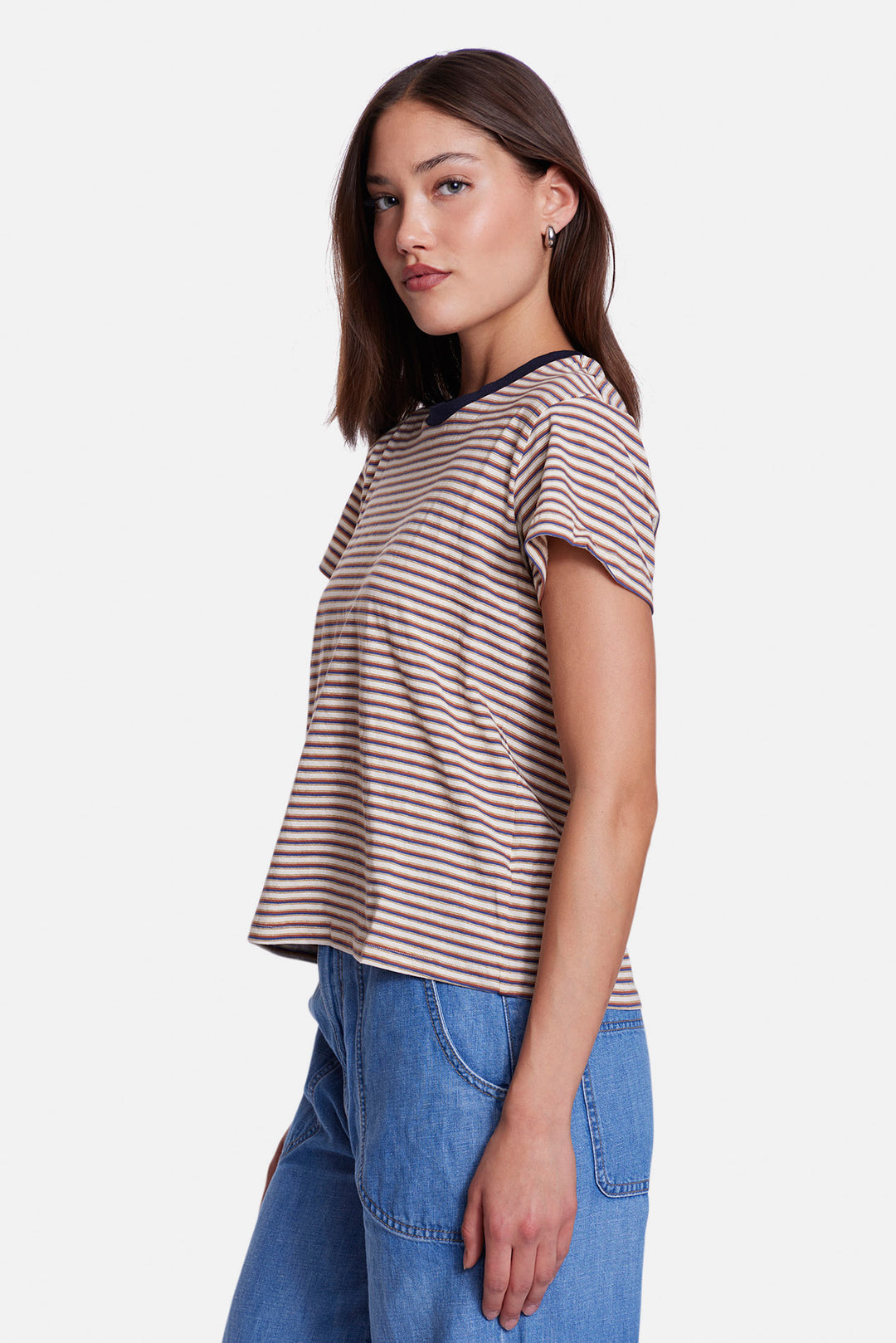 Bebe Ringer Tee Striped Navy/Brown Multi w/ Navy Ringer