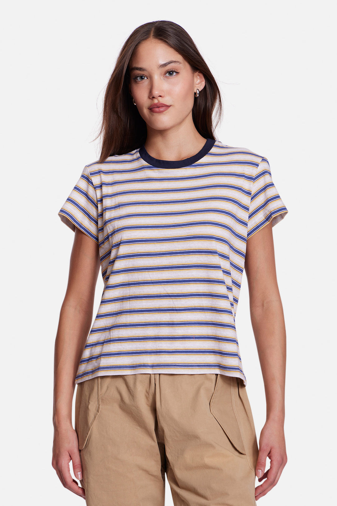 Bebe Ringer Tee Striped Oatmeal/Blue Multi w/ Navy Ringer
