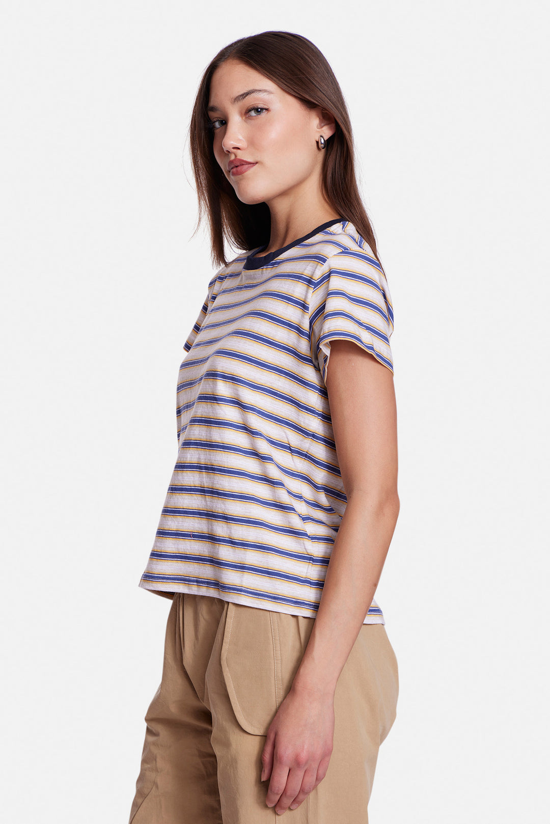 Bebe Ringer Tee Striped Oatmeal/Blue Multi w/ Navy Ringer