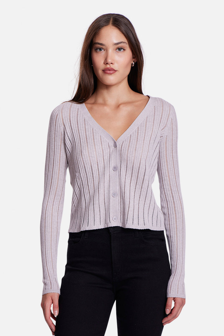 Monica Drop Needle Pointelle Cardigan Pale Grey
