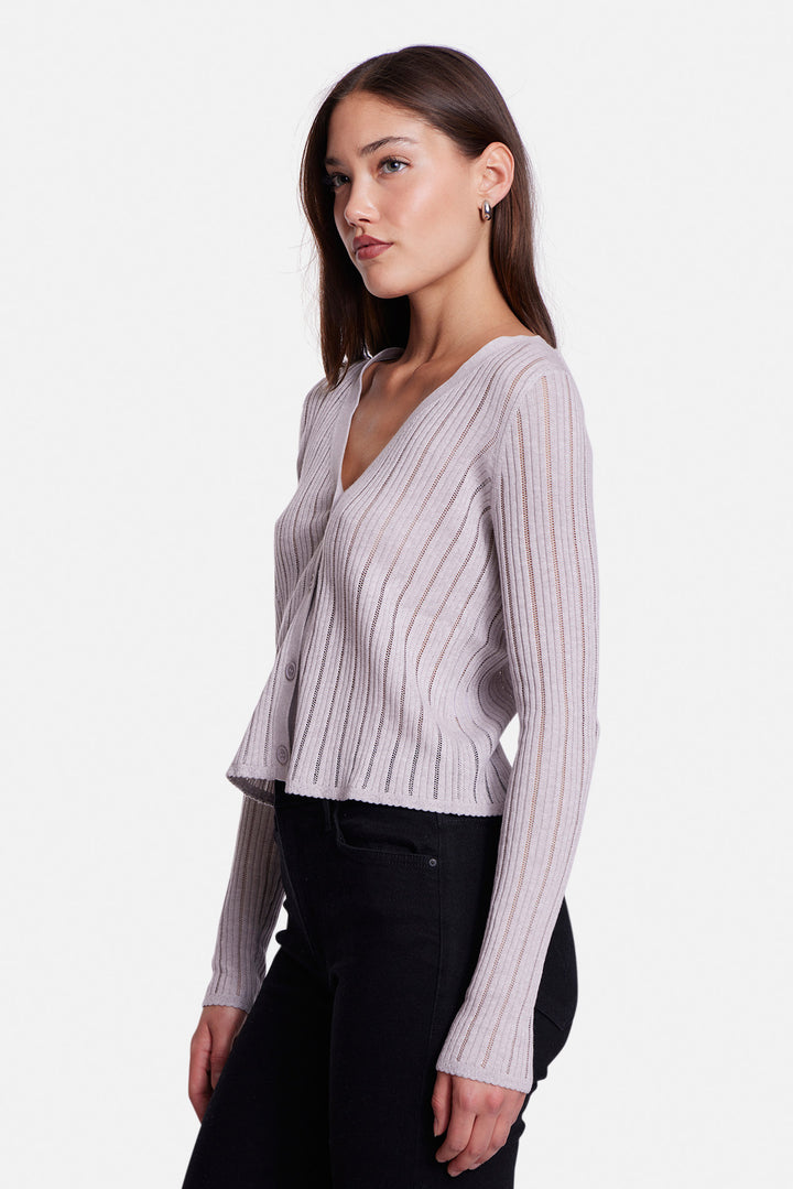 Monica Drop Needle Pointelle Cardigan Pale Grey