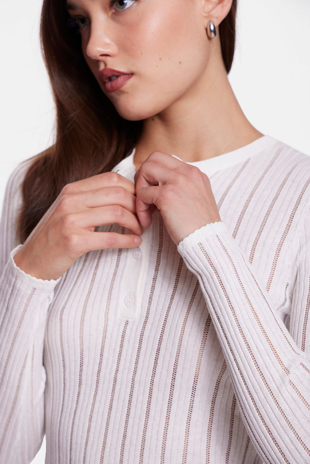 Sylvia Drop Needle Pointelle Henley White