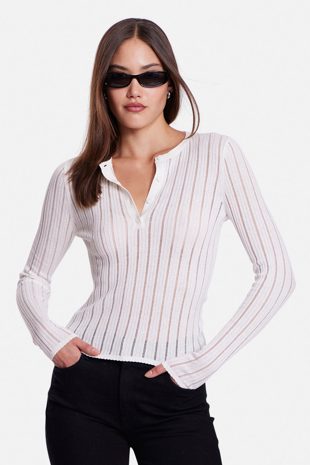 Sylvia Drop Needle Pointelle Henley White