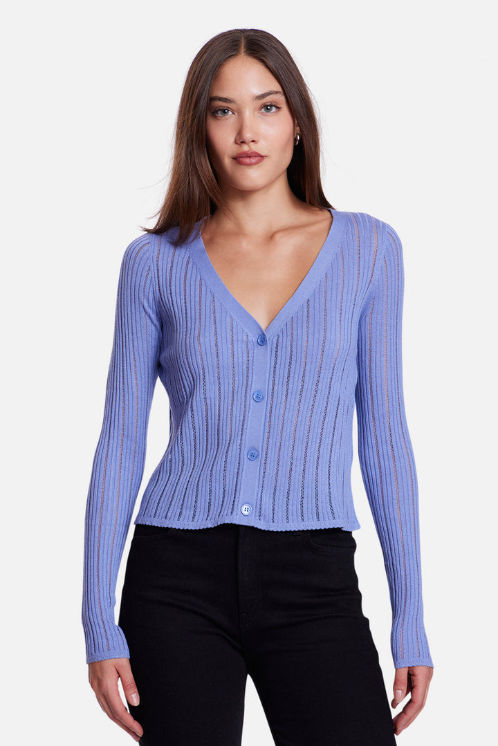 Monica Drop Needle Pointelle Cardigan Blue