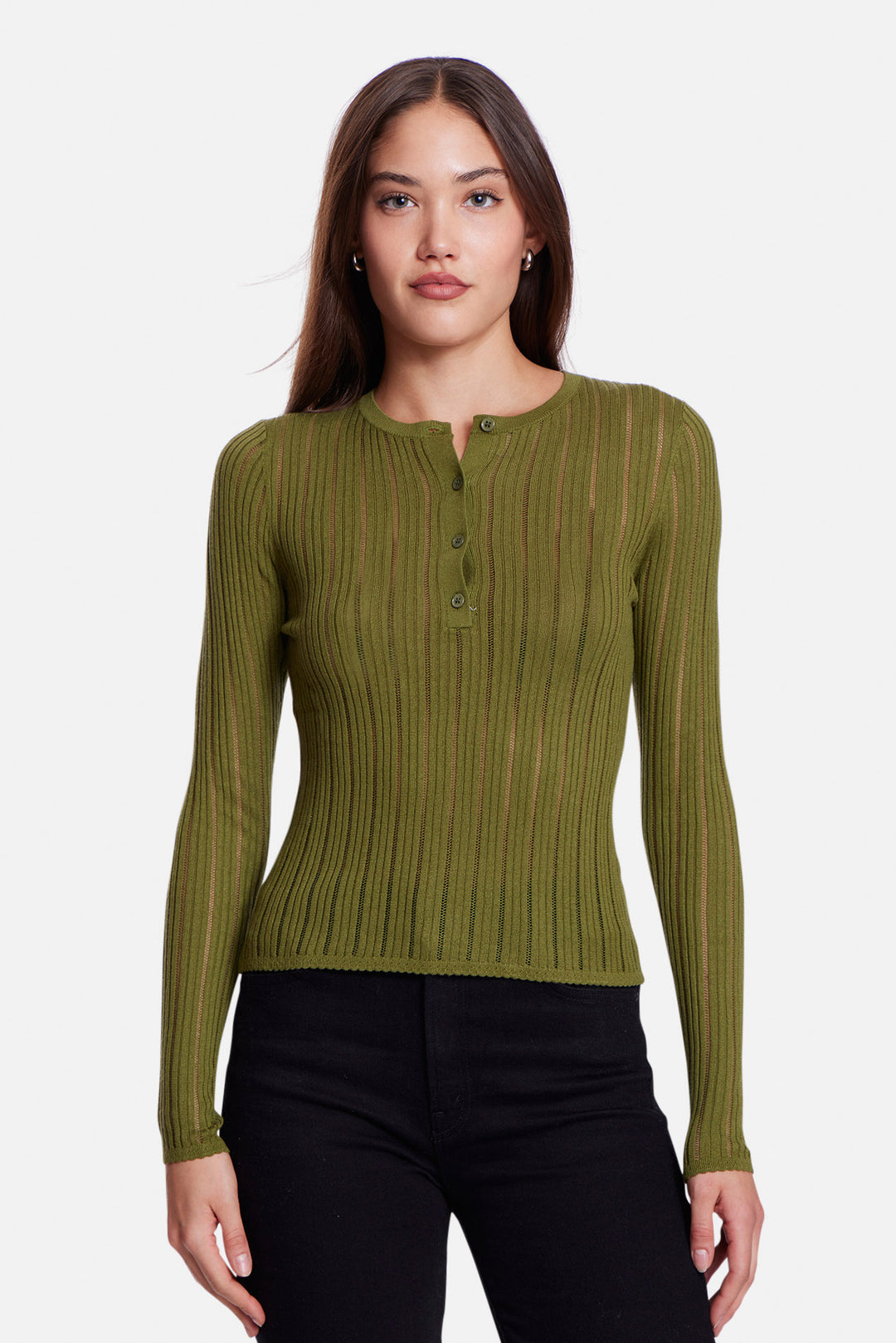 Sylvia Drop Needle Pointelle Henley Olive
