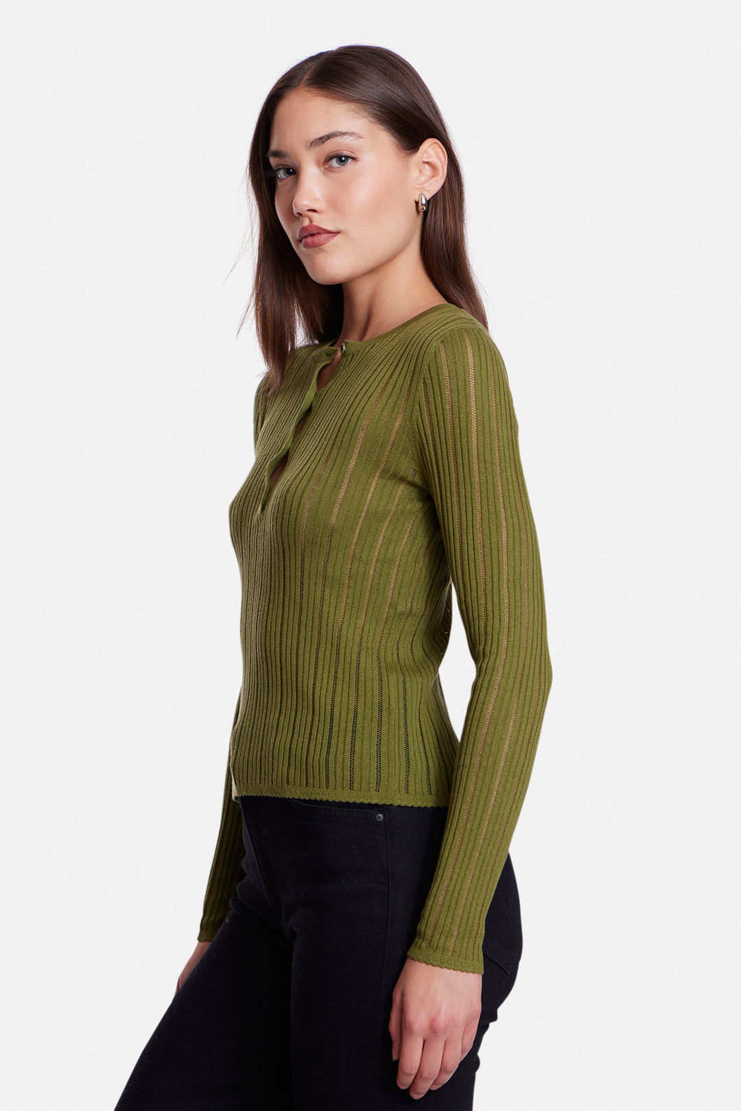Sylvia Drop Needle Pointelle Henley Olive