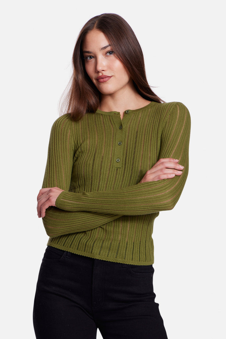 Sylvia Drop Needle Pointelle Henley Olive