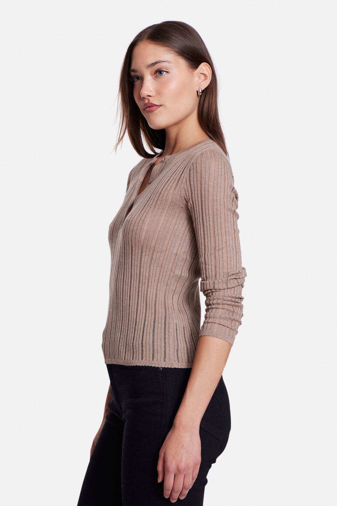 Sylvia Drop Needle Pointelle Henley Taupe