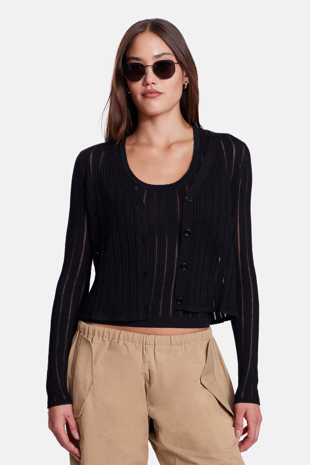 Monica Drop Needle Pointelle Cardigan Black