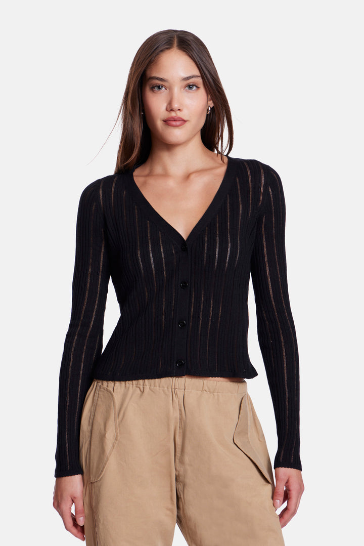 Monica Drop Needle Pointelle Cardigan Black