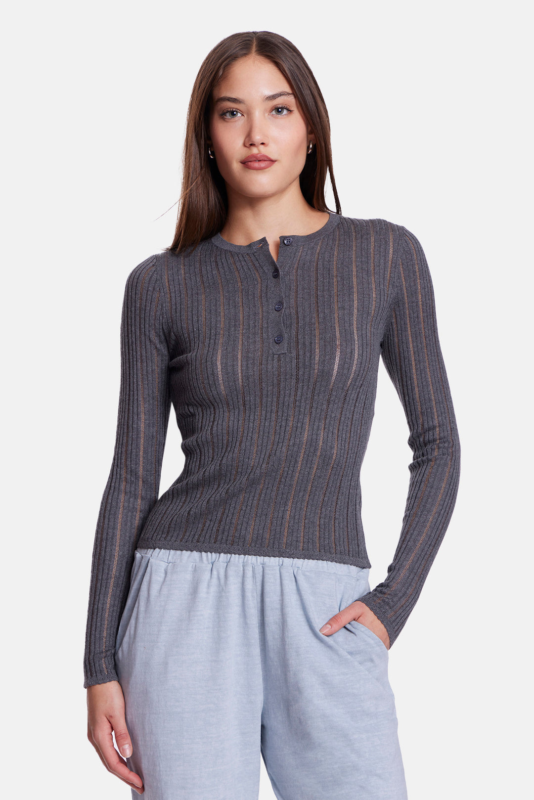 Sylvia Drop Needle Pointelle Henley Charcoal