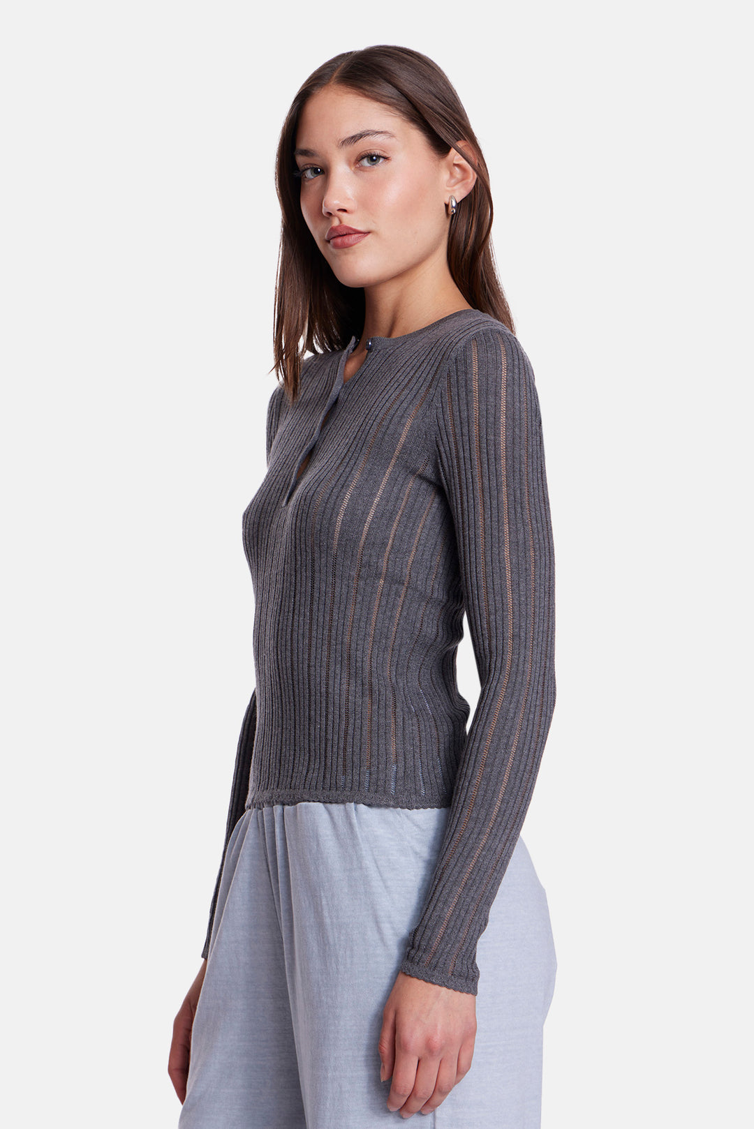 Sylvia Drop Needle Pointelle Henley Charcoal