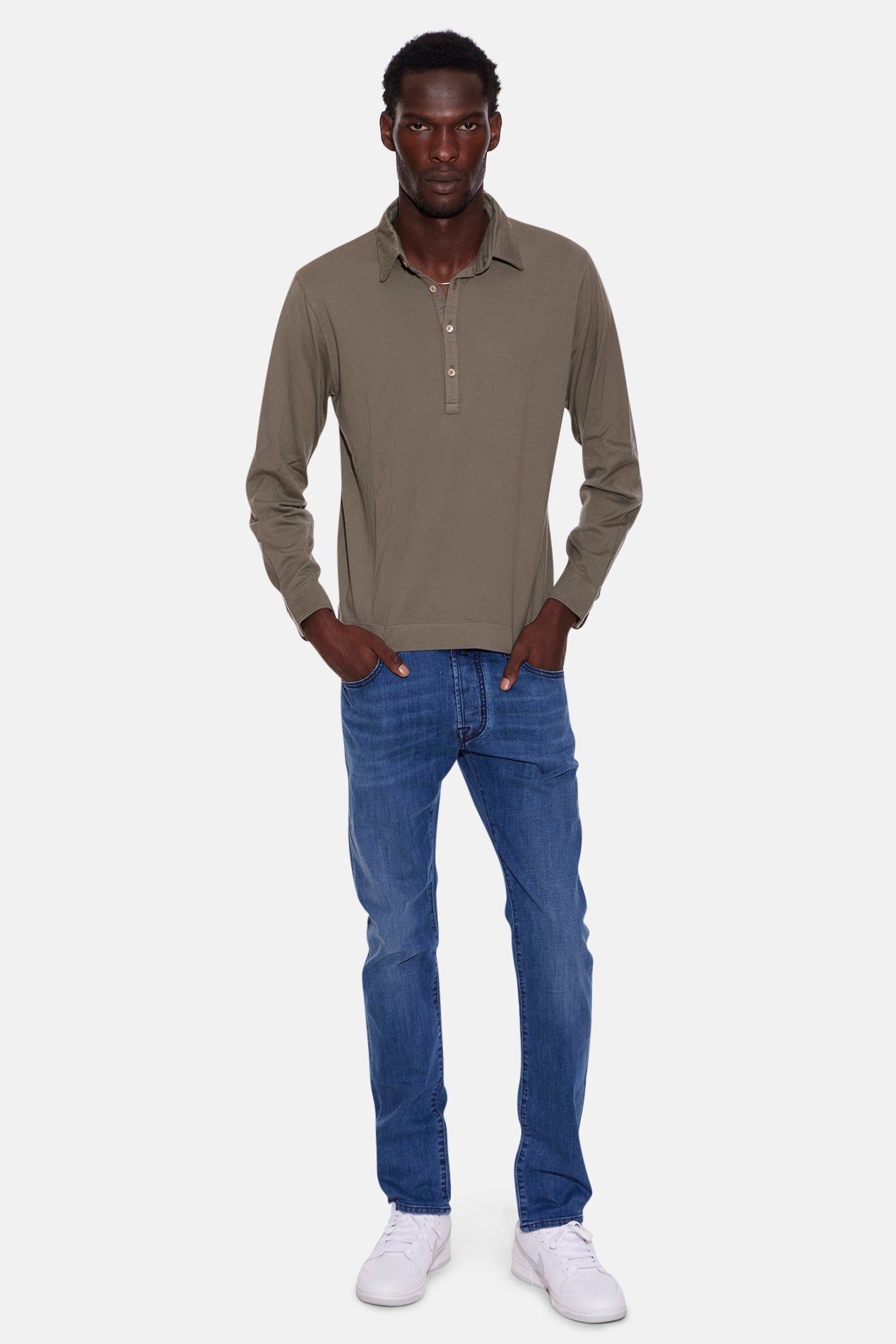 Boglioli Cotton Cashmere Long Sleeve Polo Army Green – blueandcream