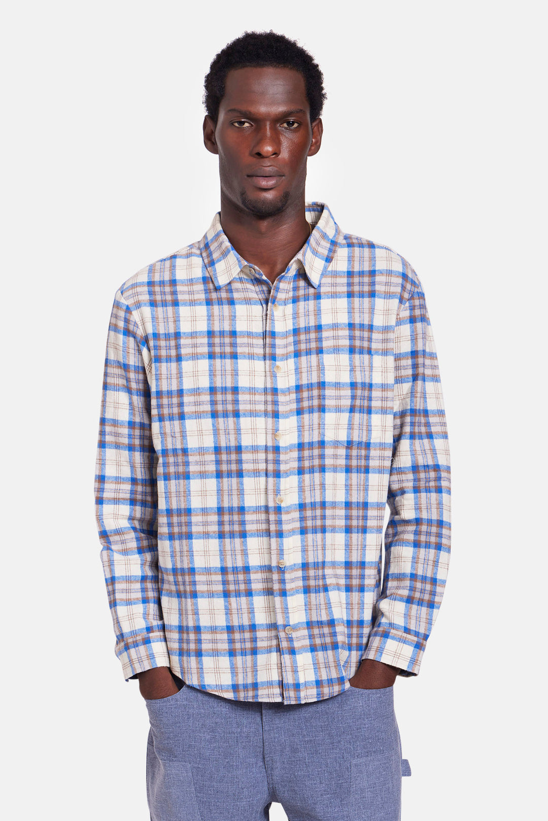 Brandon Brushed Flannel White/Blue Plaid
