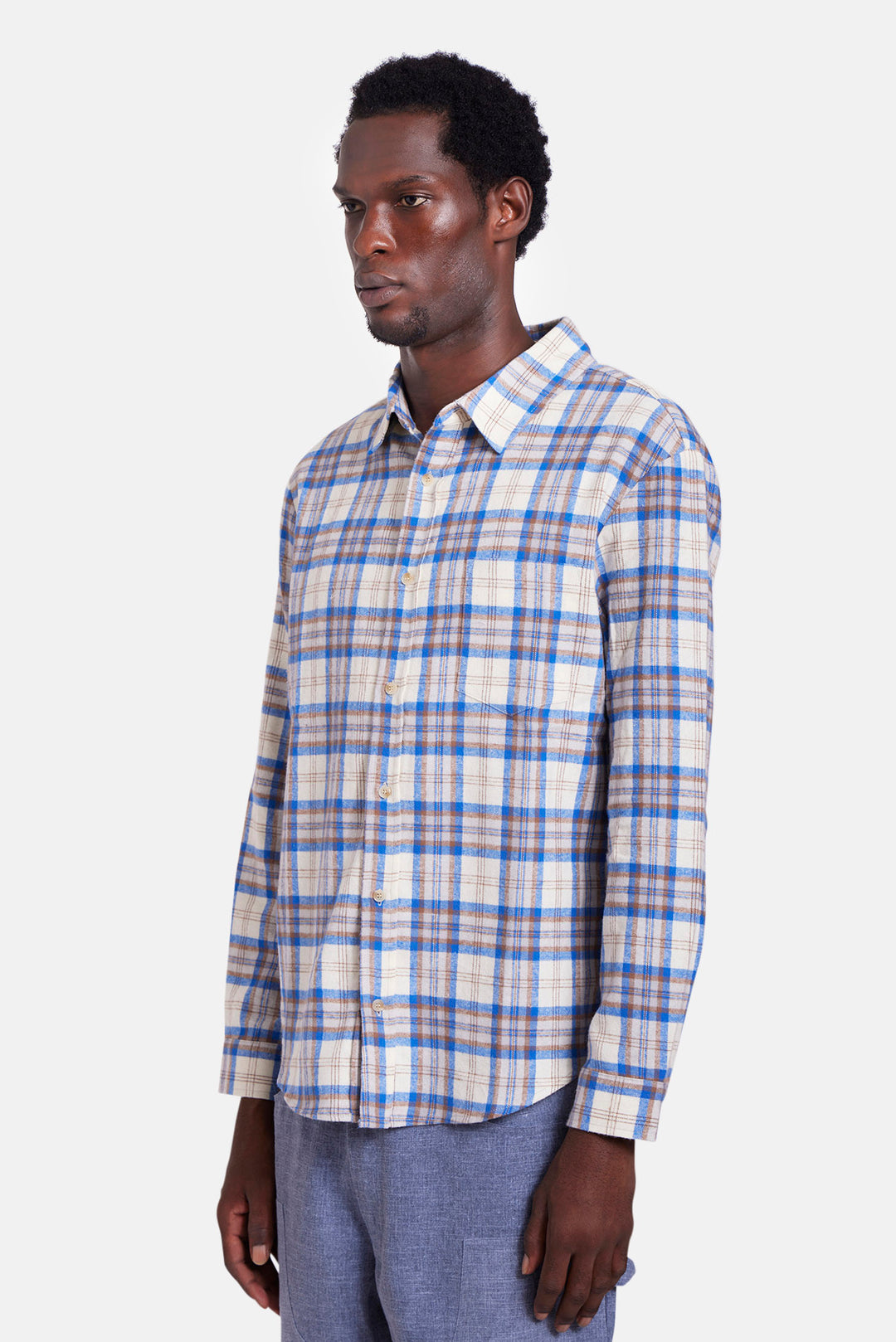 Brandon Brushed Flannel White/Blue Plaid