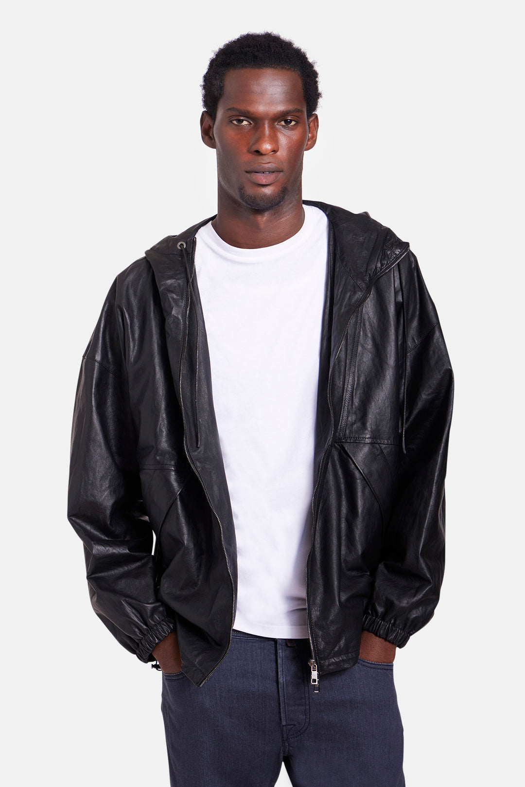 Leather Hooded Jacket Black