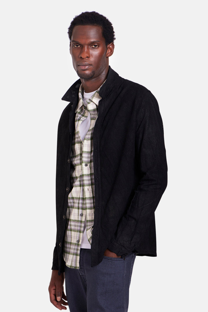 Leather Perforated Western Shirt Black