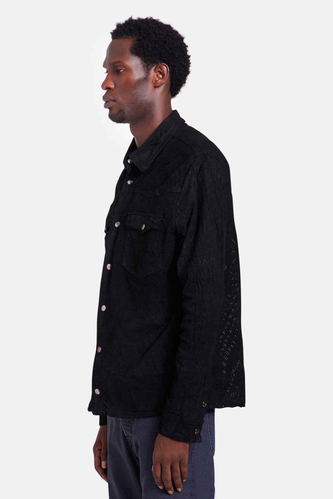 Leather Perforated Western Shirt Black