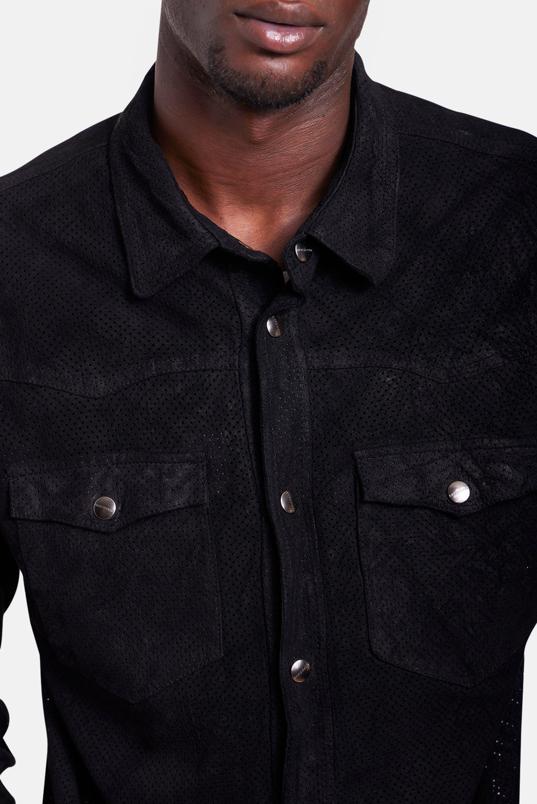 Leather Perforated Western Shirt Black