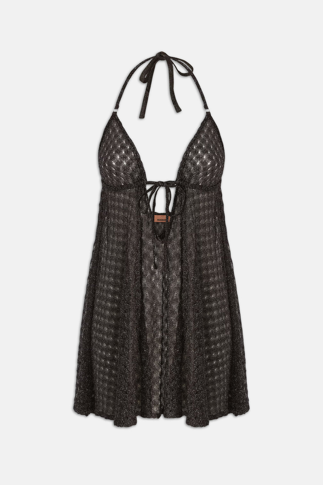Babydoll Mini Dress in Lamé Vscose w/ Spiderweb Motif Dark Brown