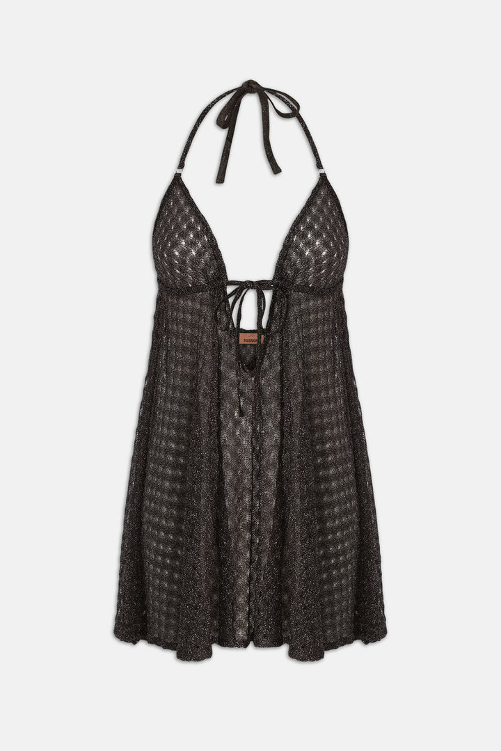 Babydoll Mini Dress in Lamé Vscose w/ Spiderweb Motif Dark Brown