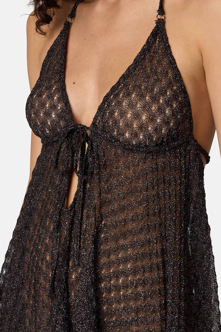 Babydoll Mini Dress in Lamé Vscose w/ Spiderweb Motif Dark Brown