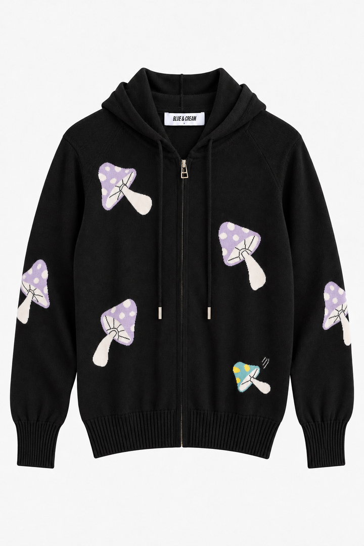 Mushroom Intarsia Zip Hoodie Black/Multi