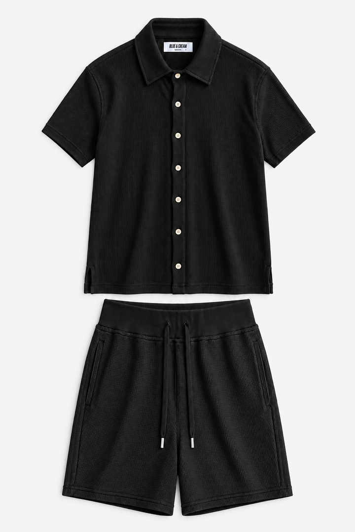 Waffle SS Button Up Shirt Black