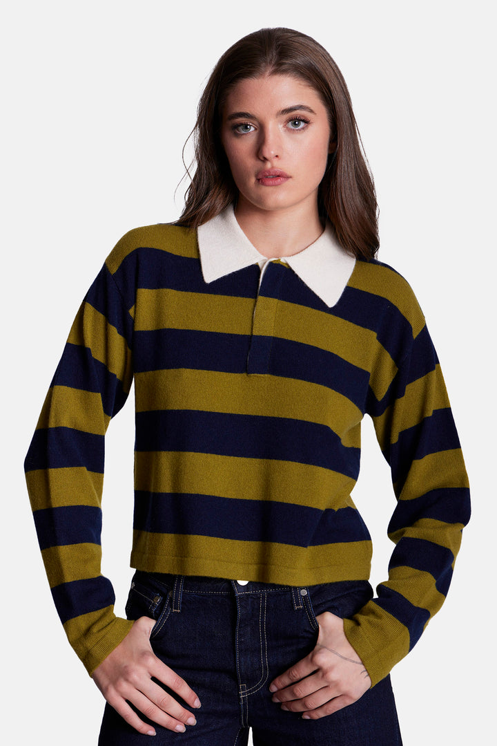 Bonnie Rugby Cropped Cashmere Sweater Green/Navy