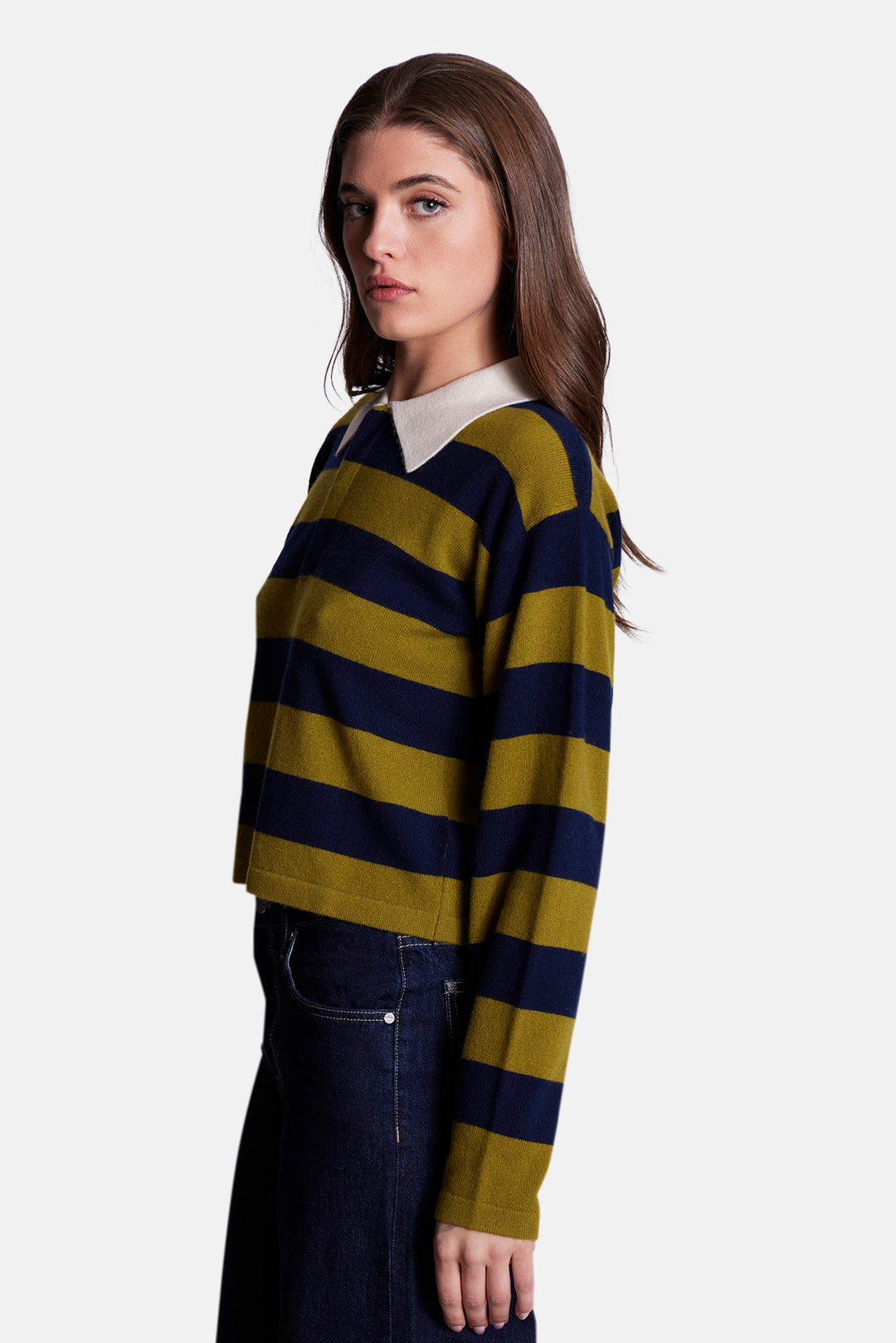 Bonnie Rugby Cropped Cashmere Sweater Green/Navy