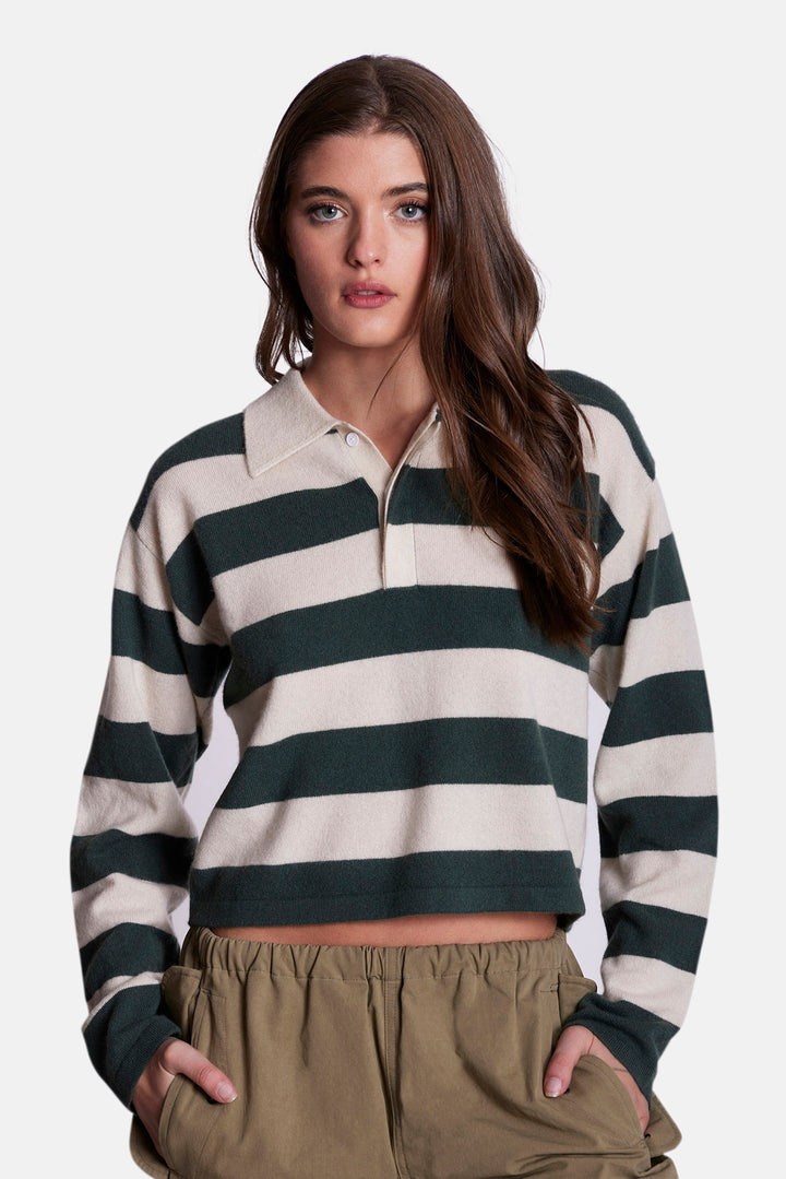 Bonnie Rugby Cropped Cashmere Sweater Green/Ivory