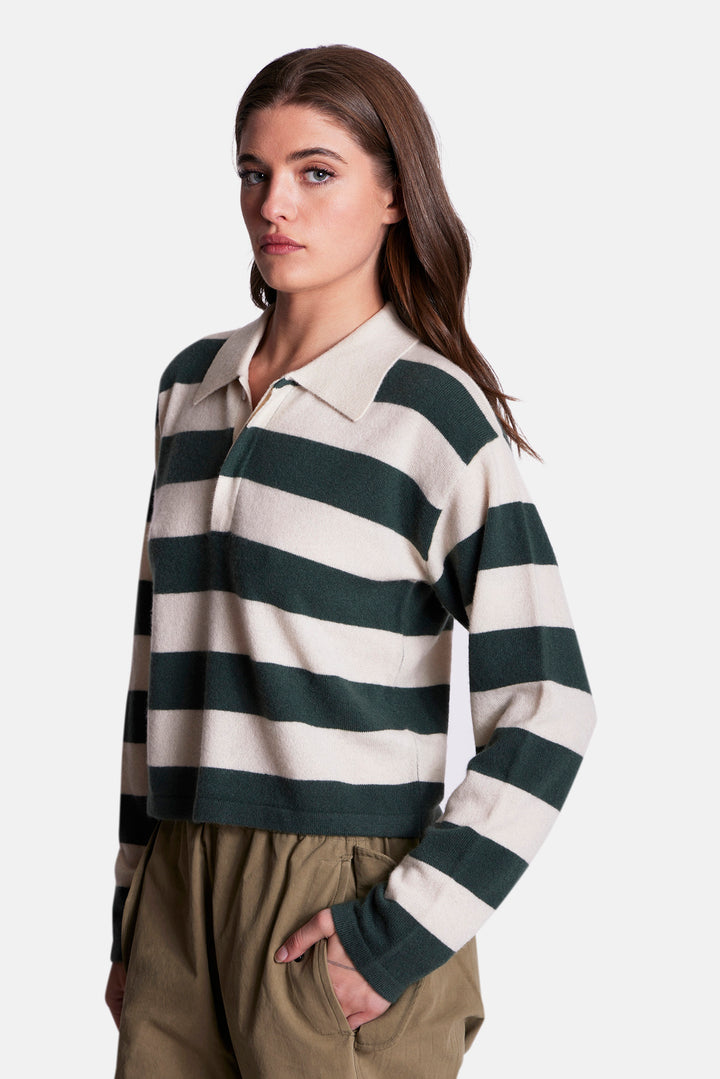 Bonnie Rugby Cropped Cashmere Sweater Green/Ivory