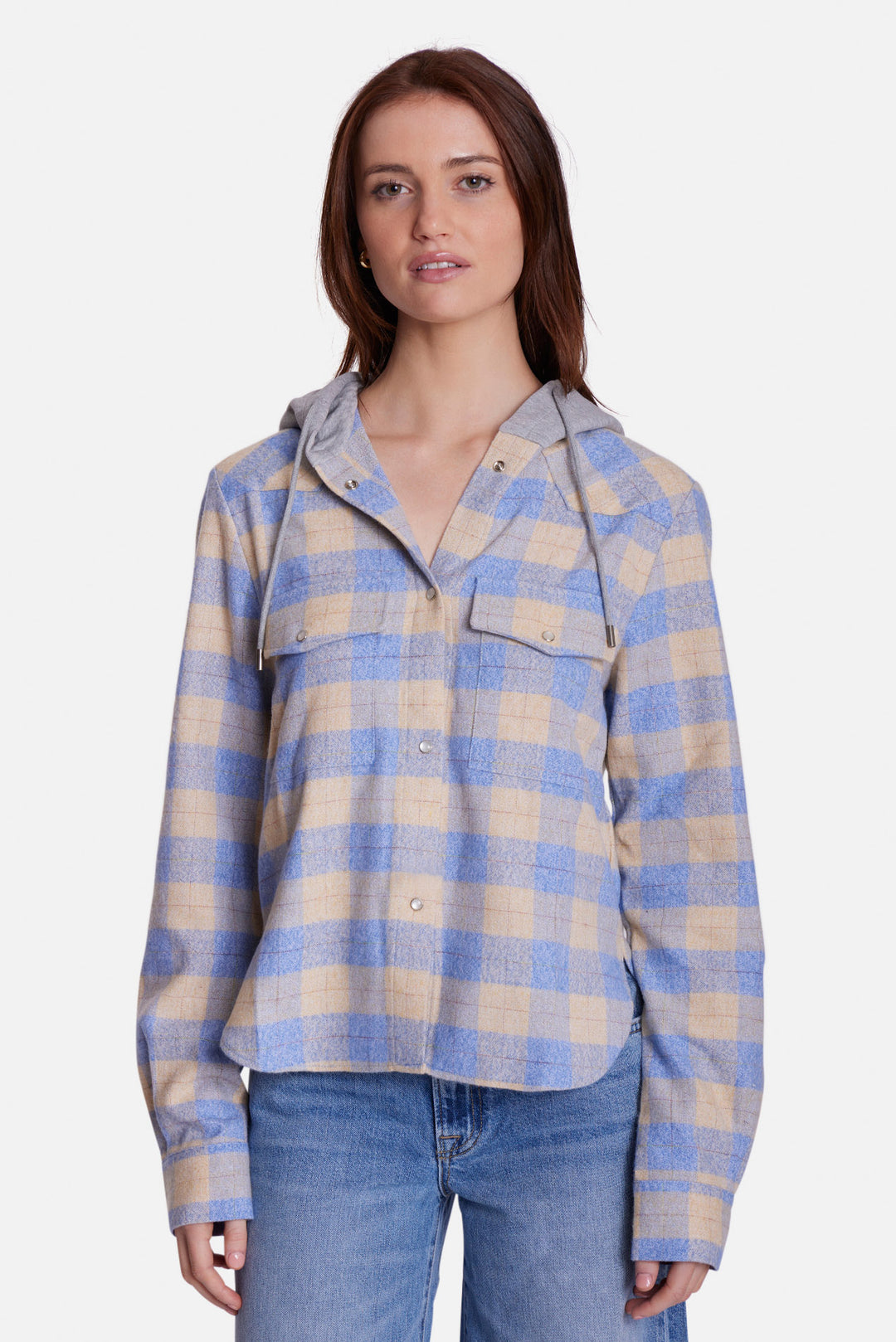 Brenda Brushed Flannel Shirt Butter/Blue Plaid w/ Grey Hood