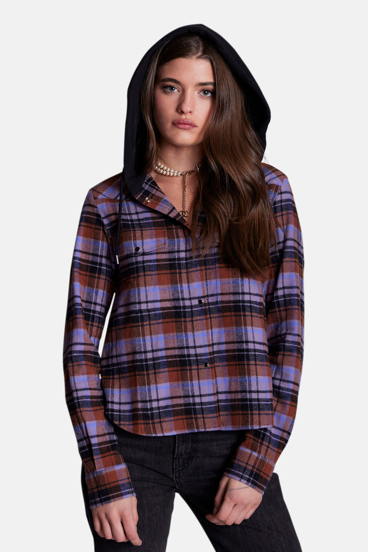 Brenda Brushed Flannel Shirt Purple/Blue Plaid w/ Black Hood